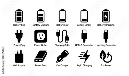Device charging icons: battery levels, connectors, power outlets, eco power symbols