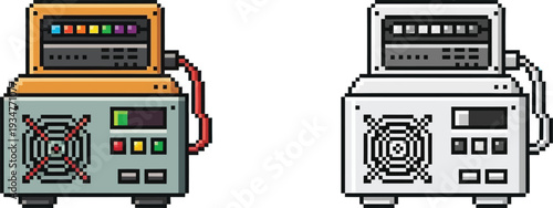 Pixel art illustration of a vintage electronic device or server, depicted in both color and grayscale versions, featuring a fan, buttons, and a display panel.