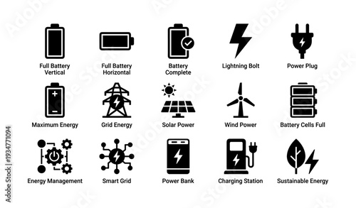 Energy icons collection: solar, wind, battery, grid, sustainable power symbols