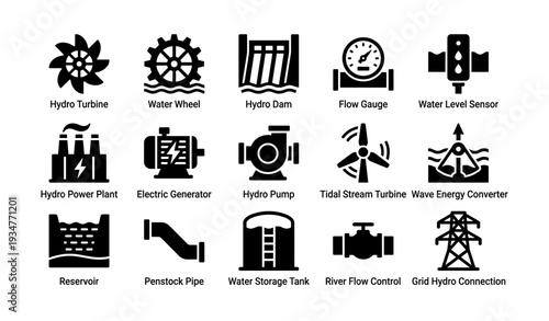Hydro turbine and energy icon set: water power, turbine, sensor, reservoir