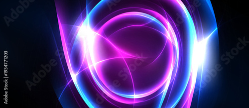 Bright neon circles radiate energy. Vivid purple, blue hues dominate dark background. Abstract light patterns create dynamic visual effect.