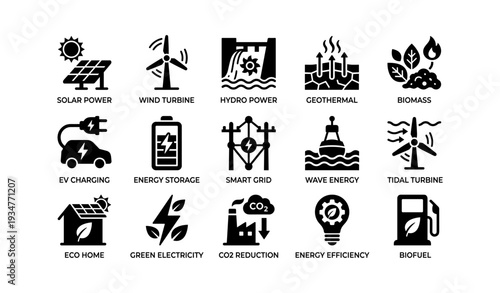 Renewable energy icons: solar, wind, hydro, geothermal, biomass, ev charging, green solutions