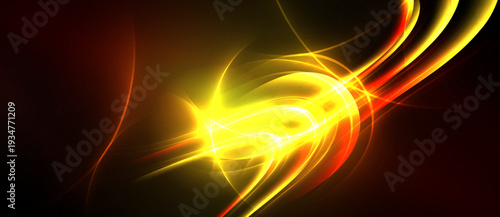 Bright yellow energy swirls, red accents. Dynamic abstract design evokes power, motion, light intensity. Dark background emphasizes luminosity.