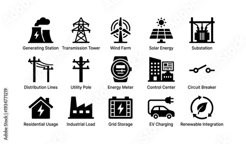 Energy icons set: wind solar electricity infrastructure and renewable technology symbols