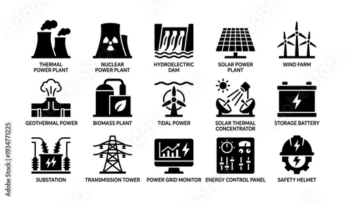 Various types of renewable and non-renewable energy sources illustrated with icons