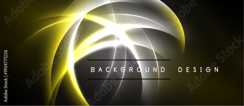 Abstract design features glowing curves, bright center. Dark background enhances luminosity, creating dynamic visual effect.