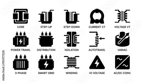 Electrical transformer symbols: core, step-up, step-down, current, voltage, power