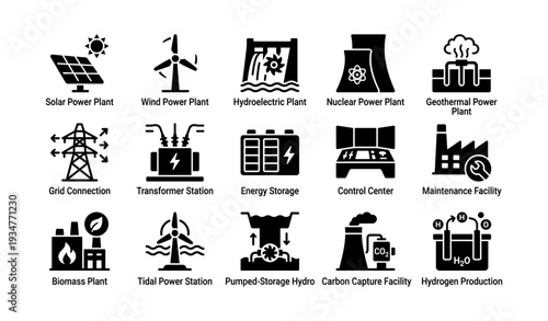 Icons depicting renewable and non-renewable energy sources and facilities
