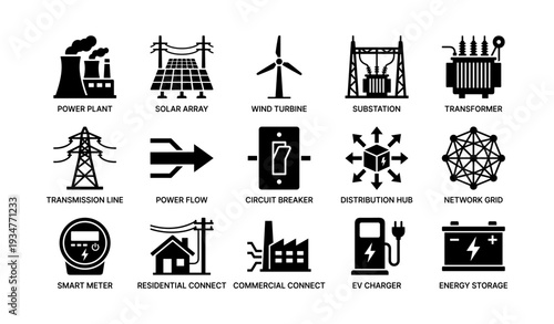 Renewable energy icons: power plant, solar, wind, substation, transformer