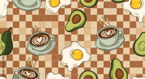 Seamless pattern with coffee cups, eggs, and avocados on a checkered background.