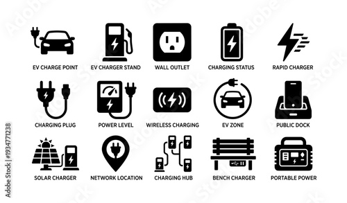 Ev charging symbols: outlets, plugs, charging stations, wireless options, solar power icons
