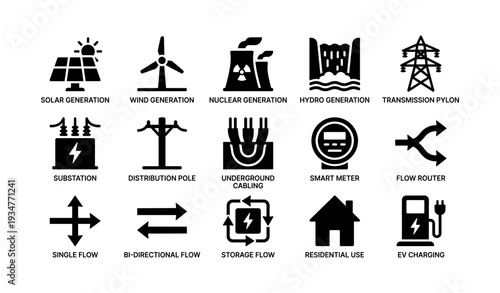 Renewable and non-renewable energy icons: solar, wind, nuclear, hydro, transmission, more