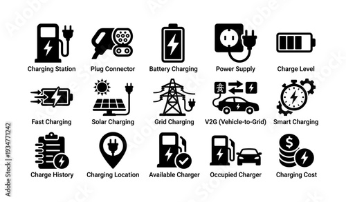 Electric vehicle charging icons: station, grid, solar, plug, power, battery, smart, v2g