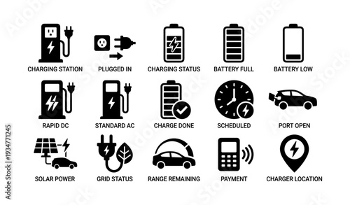 Electric vehicle icons set with charging, battery, and payment symbols