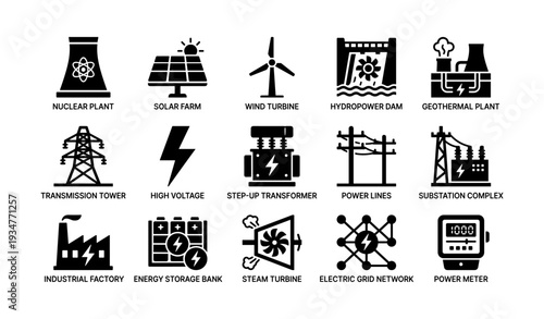 Renewable energy icons: solar, wind, hydro, geothermal, power infrastructure