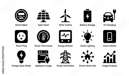 Smart energy icons: smart meter, solar panel, wind turbine, ev charging, battery storage