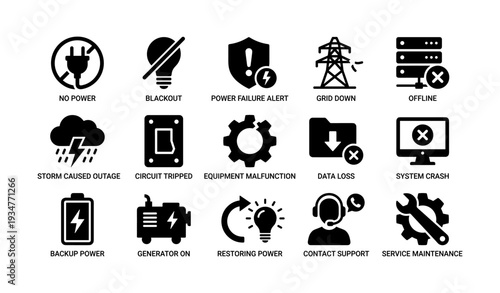 Power and system failure icons: alert, maintenance, backup, and support