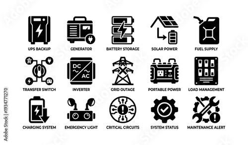 Electrical power system icons: backup, generator, battery, solar, fuel