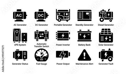 Icons of power systems: generators, inverters, and maintenance alerts