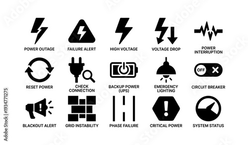 Electrical warning icons: power outage, voltage drop, system status, backup power, high voltage