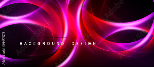 Abstract design features swirling lines, vibrant magenta, red hues. Dark background creates dramatic visual impact. Modern, dynamic composition.