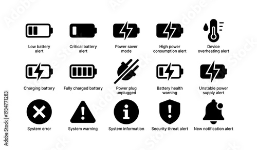 Battery and system alert icons including power saver and overheating warnings