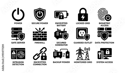 Icon set depicting power security, encrypted access, and data protection