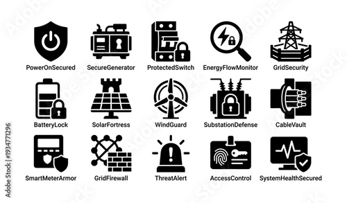 Energy security icons set: protection, monitoring, defense, grid, alert, control
