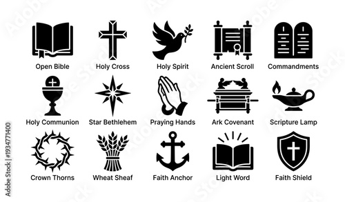 Religious symbols collection: bible, cross, dove, scroll, commandments, communion