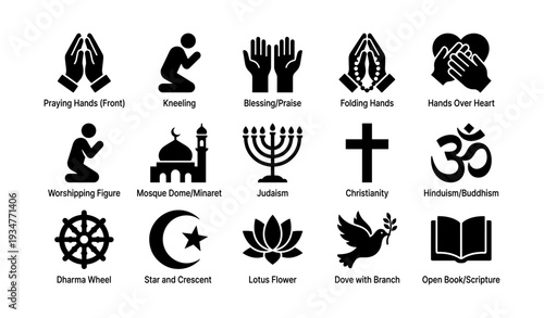 Religious symbols: faith icons including christianity, islam, judaism, hinduism, buddhism