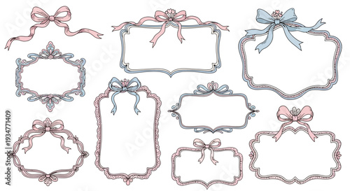 Collection of ornate frames with bows in pastel colors.