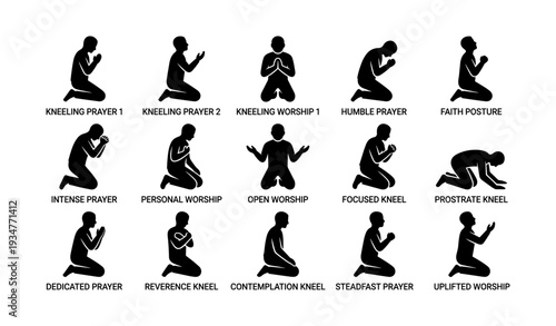 Silhouettes of various prayer and worship postures in kneeling positions