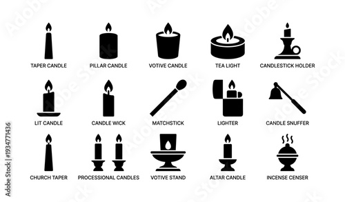 Various candle types and accessories – icons and silhouettes of candles and holders