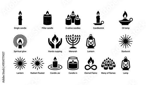 Candle icons collection: pillar, votive, menorah, lantern, flame