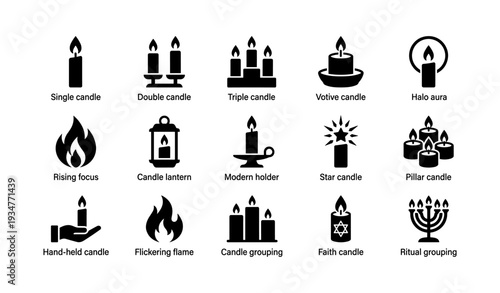 Various candle icons: single double triple votive aura lantern holder star pillar