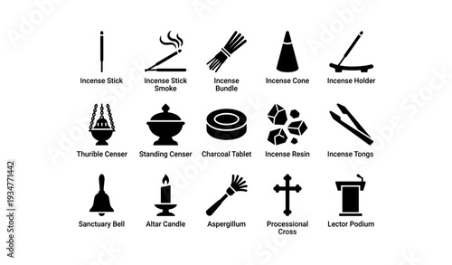 Set of religious ritual icons: incense, candelabrum, cross, podium, bell, incense holder