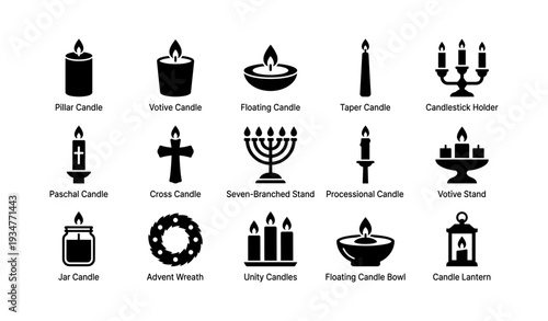 Assorted candle types: pillar, votive, floating, taper, menorah, lantern, and more