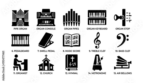Musical instrument symbols including pipe organ, keyboard, and music score