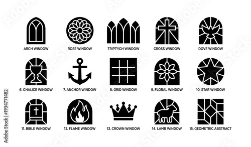 Collection of iconic stained glass window designs with various patterns and shapes