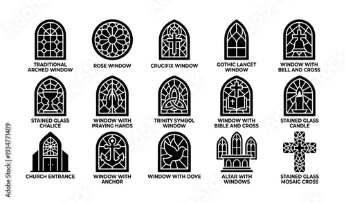 Collection of christian stained glass designs featuring windows and religious symbols