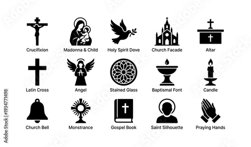 Christian symbols collection: crucifix, madonna, dove, cross, candle