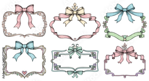 Vintage ornate frames with bows and ribbons in pastel colors.
