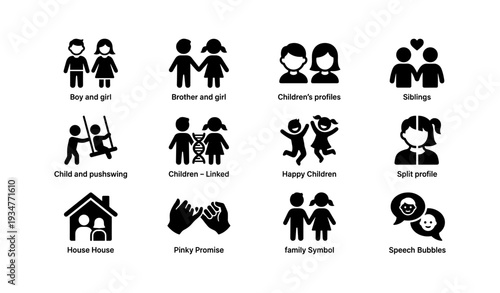 Children icons collection: siblings, play, symbols, communication