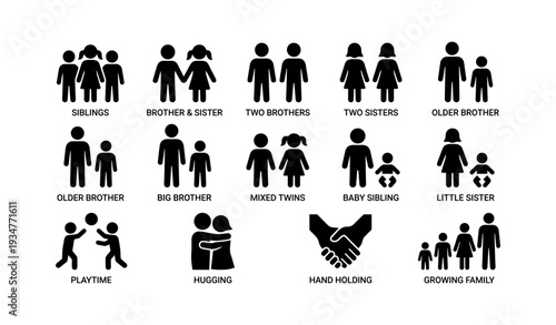 Family pictograms: siblings, brothers, sisters, mixed twins, playtime