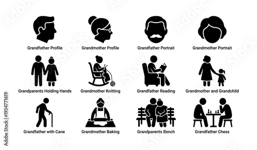 Silhouette icons of grandparents engaging in activities