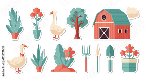 Farm and garden elements collection with barn and geese.