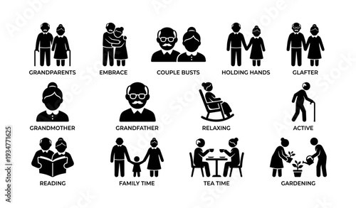 Silhouette icons of elderly activities: family time, relaxing, gardening