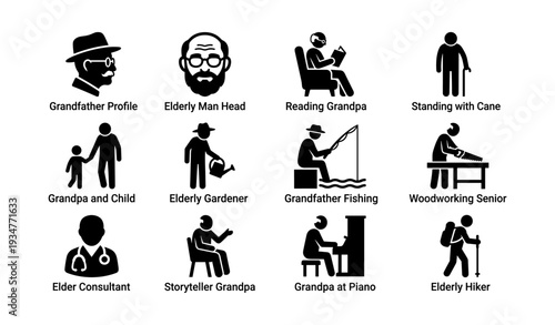 Elderly activities icons: profile, fishing, woodworking, piano, hike, garden, reading