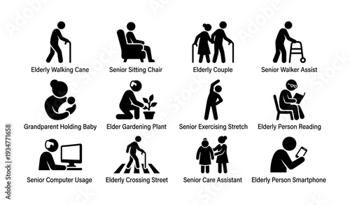 Elderly activities and assistance icons including mobility and technology