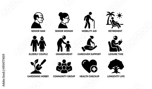 Elderly support icons: senior men women, health, longevity, retirement activities